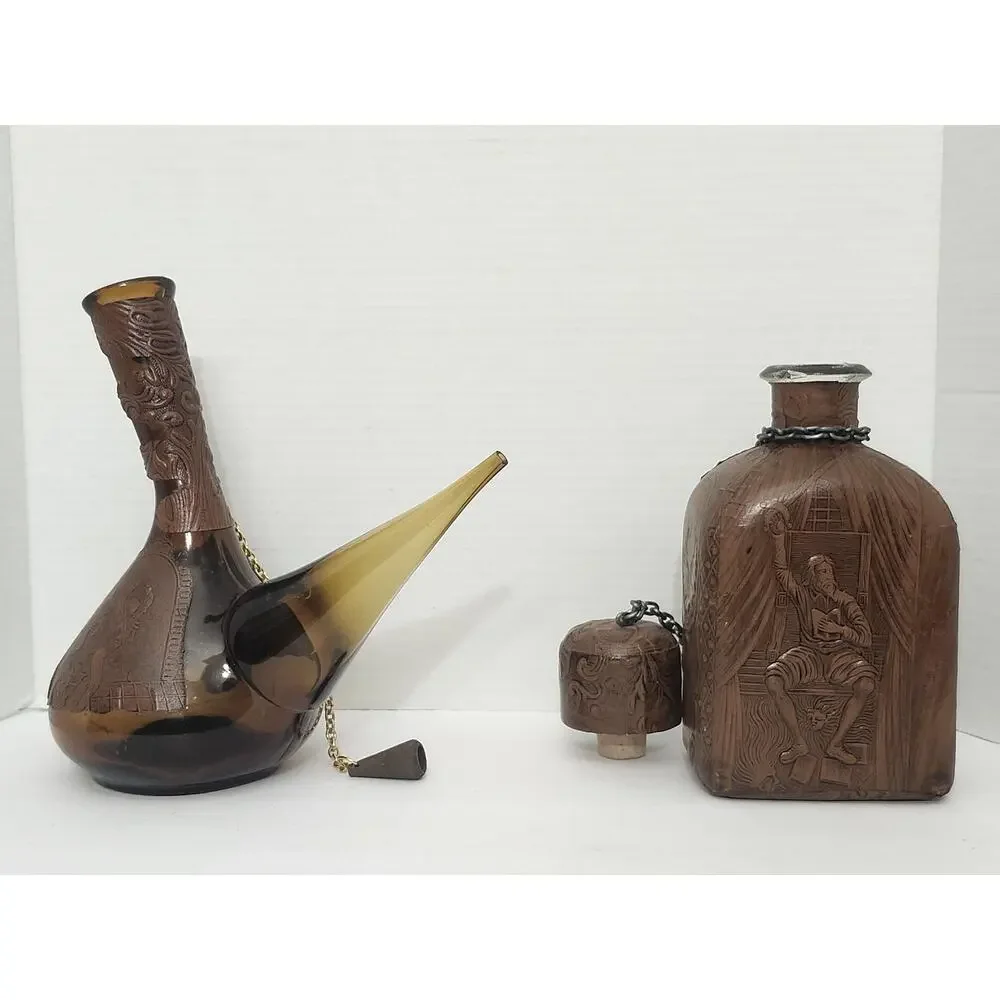 Vintage Spanish Porron Leather Wrapped Amber Glass Decanter Flask Set